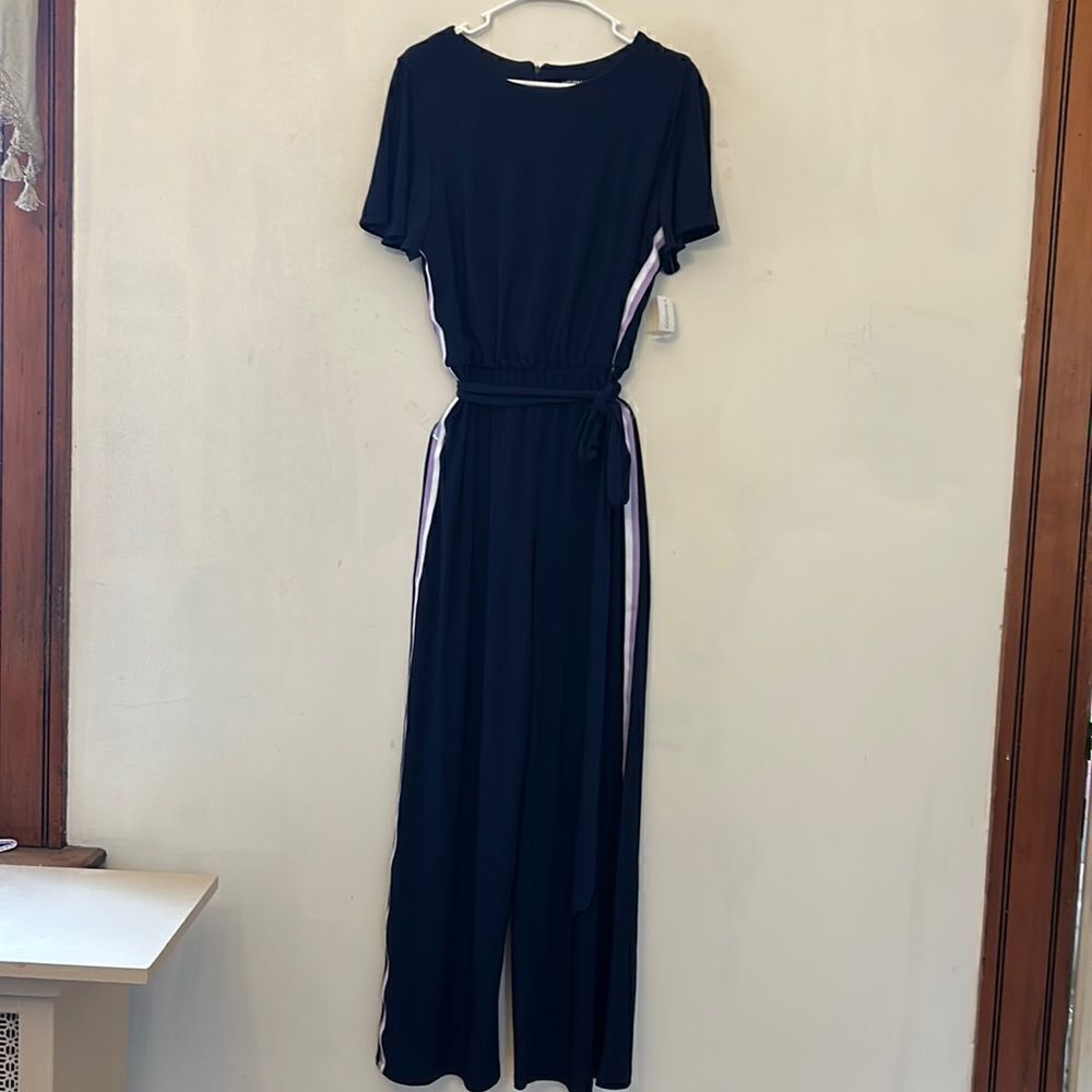 Roz & Ali navy jumpsuit with purple and white stripe and tie waist Size XL New